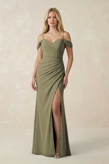 Thyme Off-the-Shoulder Sheath Chiffon Ruched Bridesmaid Dress | KISSBRIDAL