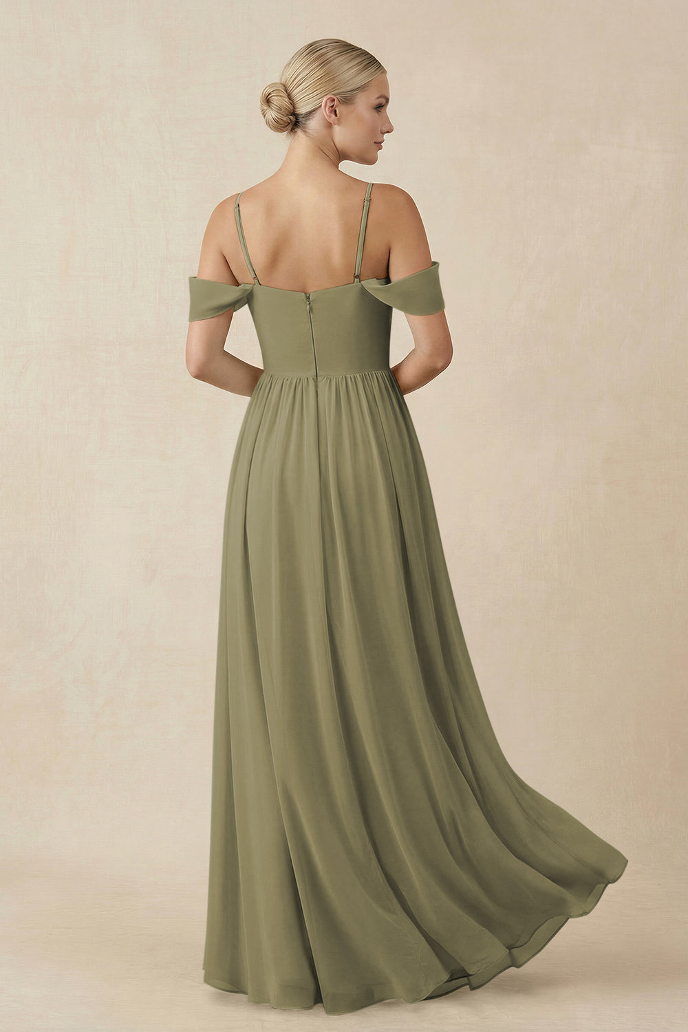 Off-the-Shoulder Sweetheart A-Line Chiffon Bridesmaid Dress in Thyme