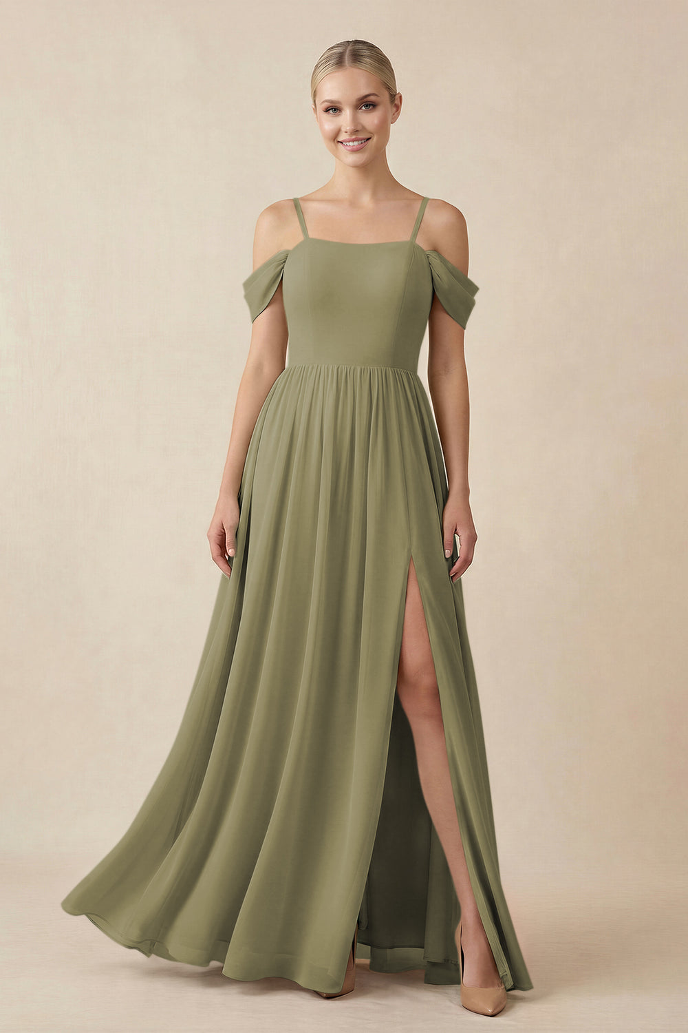 Off-the-Shoulder Sweetheart A-Line Chiffon Bridesmaid Dress in Thyme
