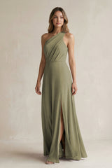 Thyme One-Shoulder Chiffon A-Line Bridesmaid Dress With Slit | KISSBRIDAL
