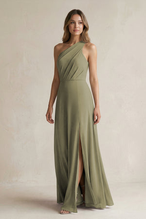 Thyme One-Shoulder Chiffon A-Line Bridesmaid Dress With Slit | KISSBRIDAL