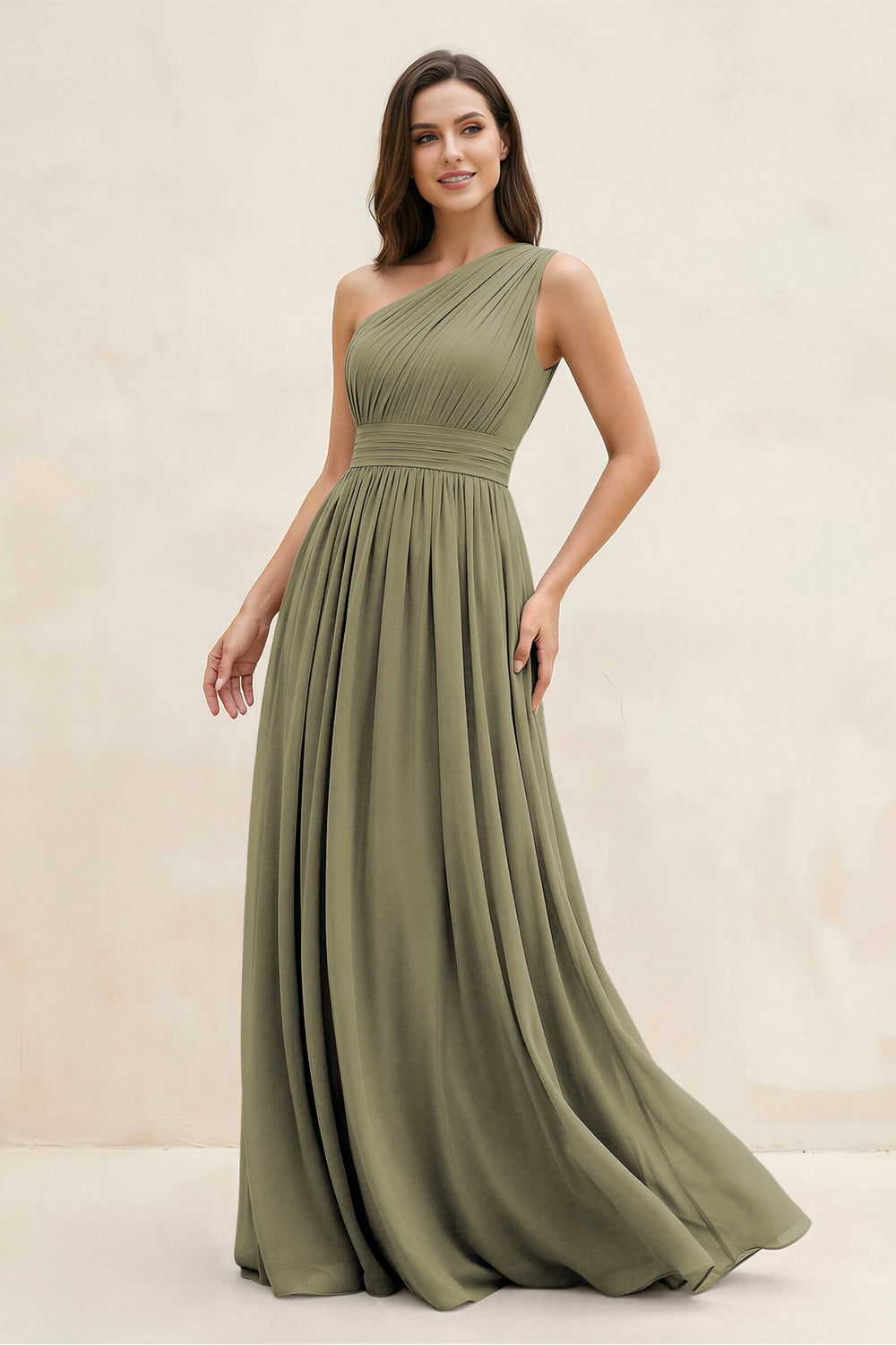 One-Shoulder Pleated A-Line Chiffon Bridesmaid Dress in Thyme