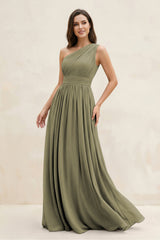 Thyme One-Shoulder Pleated A-Line Chiffon Bridesmaid Dress | KISSBRIDAL