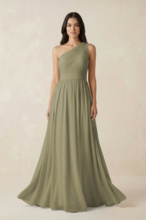 Thyme One-Shoulder Pleated Chiffon Bridesmaid Gown | KISSBRIDAL