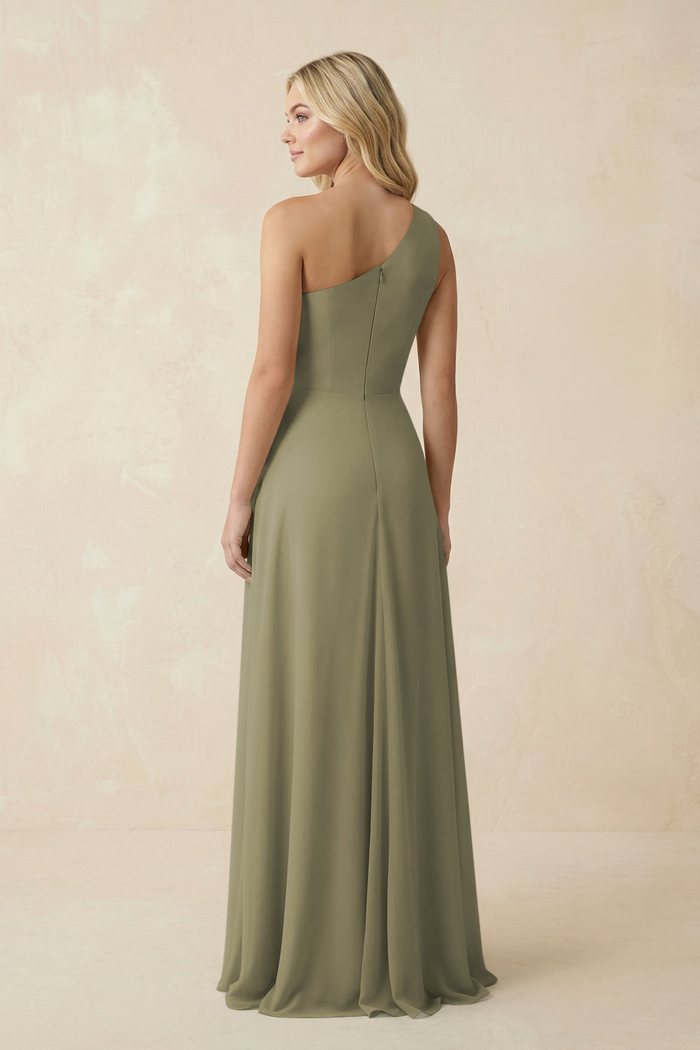 One-Shoulder Ruched A-Line Chiffon Bridesmaid Dress in Thyme