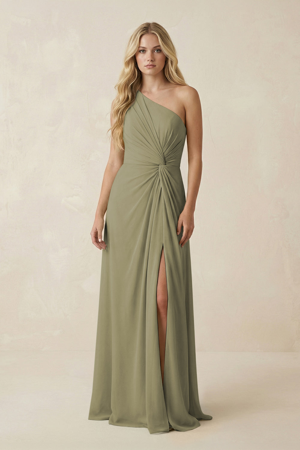 One-Shoulder Ruched A-Line Chiffon Bridesmaid Dress in Thyme