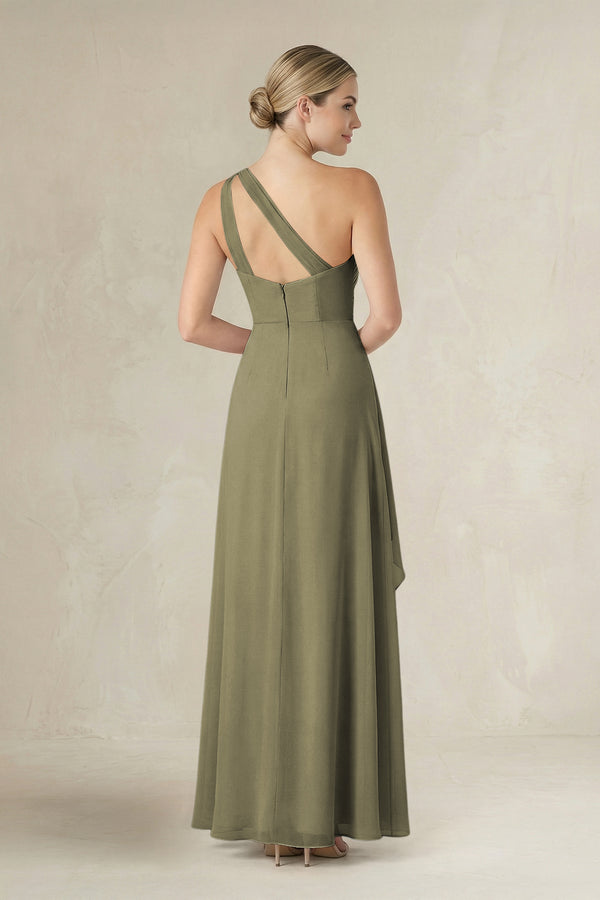 Thyme One-Shoulder Sheath Ruched Ruffled Bridesmaid Dress in Thyme (2) | KISSBRIDAL