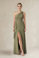 Thyme One-Shoulder Sheath Ruched Ruffled Bridesmaid Dress in Thyme | KISSBRIDAL