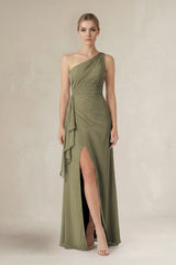 Thyme One-Shoulder Sheath Ruched Ruffled Bridesmaid Dress in Thyme | KISSBRIDAL