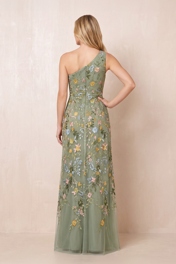 Thyme One-Shoulder Sheath Tulle Flower Embroidered Mother of the Bride Dress (2) | KISSBRIDAL