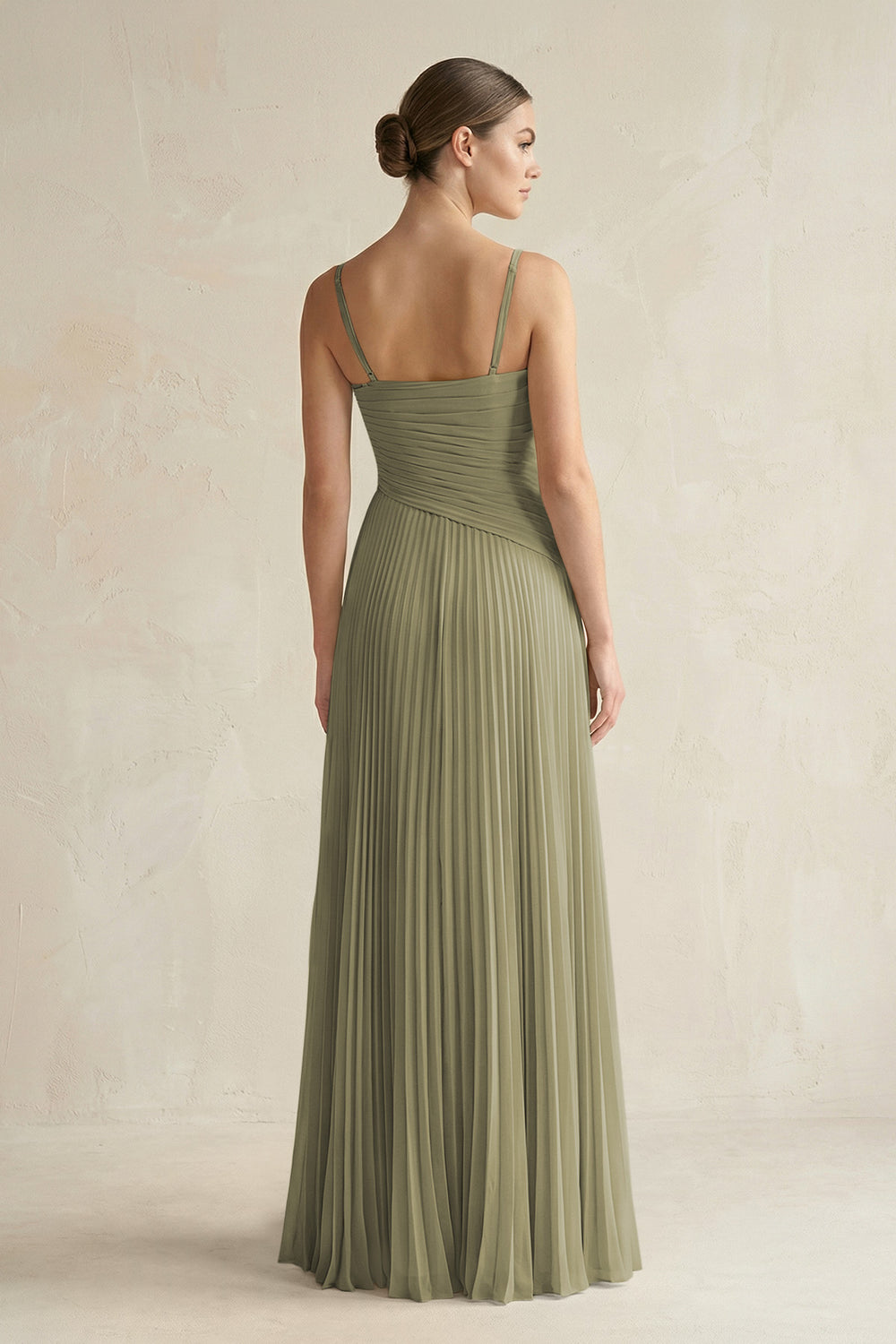 Pleated A-Line Long Chiffon Bridesmaid Dress in Thyme