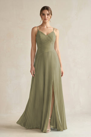 Thyme Pleated A-Line Long Chiffon Bridesmaid Dress | KISSBRIDAL