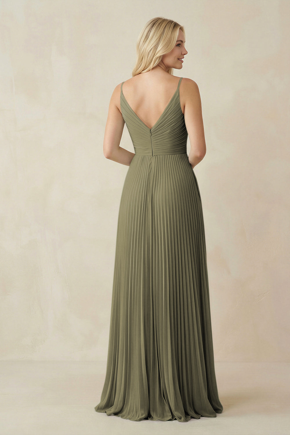 Pleated V-Neck A-Line Chiffon Bridesmaid Dress in Thyme