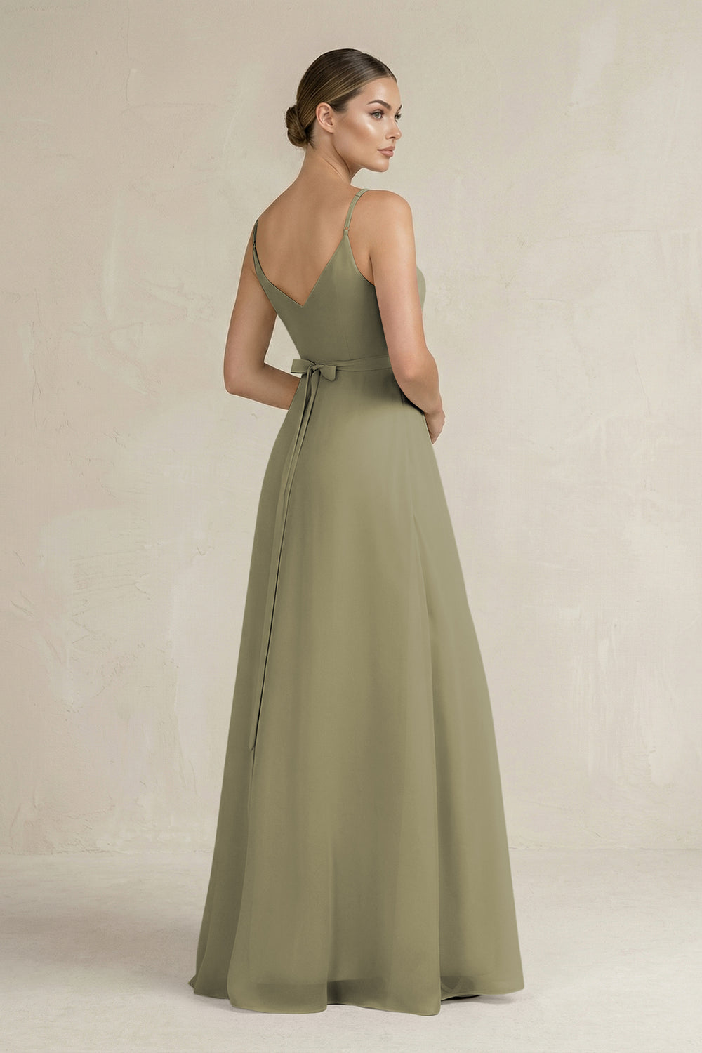 Ruched A-Line Chiffon Bridesmaid Dress with Slit in Thyme