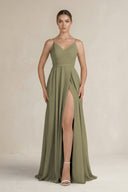 Thyme Ruched A-Line Chiffon Bridesmaid Dress with Slit | KISSBRIDAL