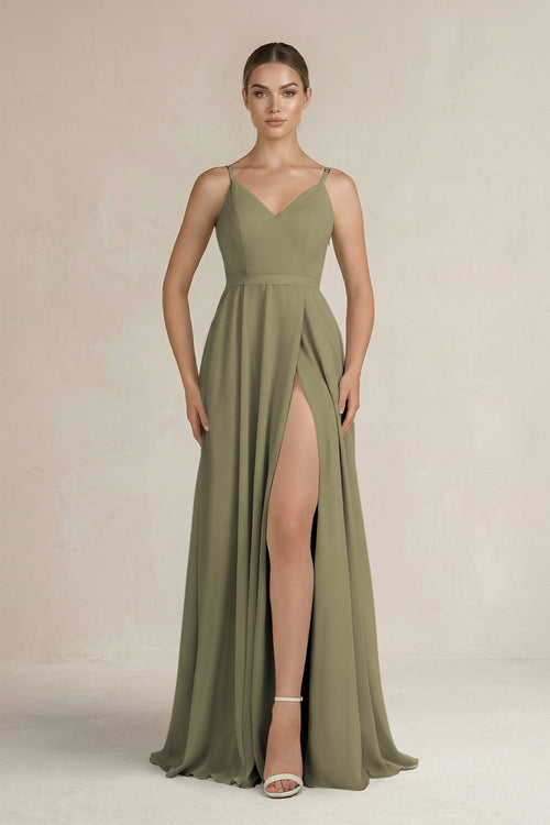 Thyme Ruched A-Line Chiffon Bridesmaid Dress with Slit | KISSBRIDAL