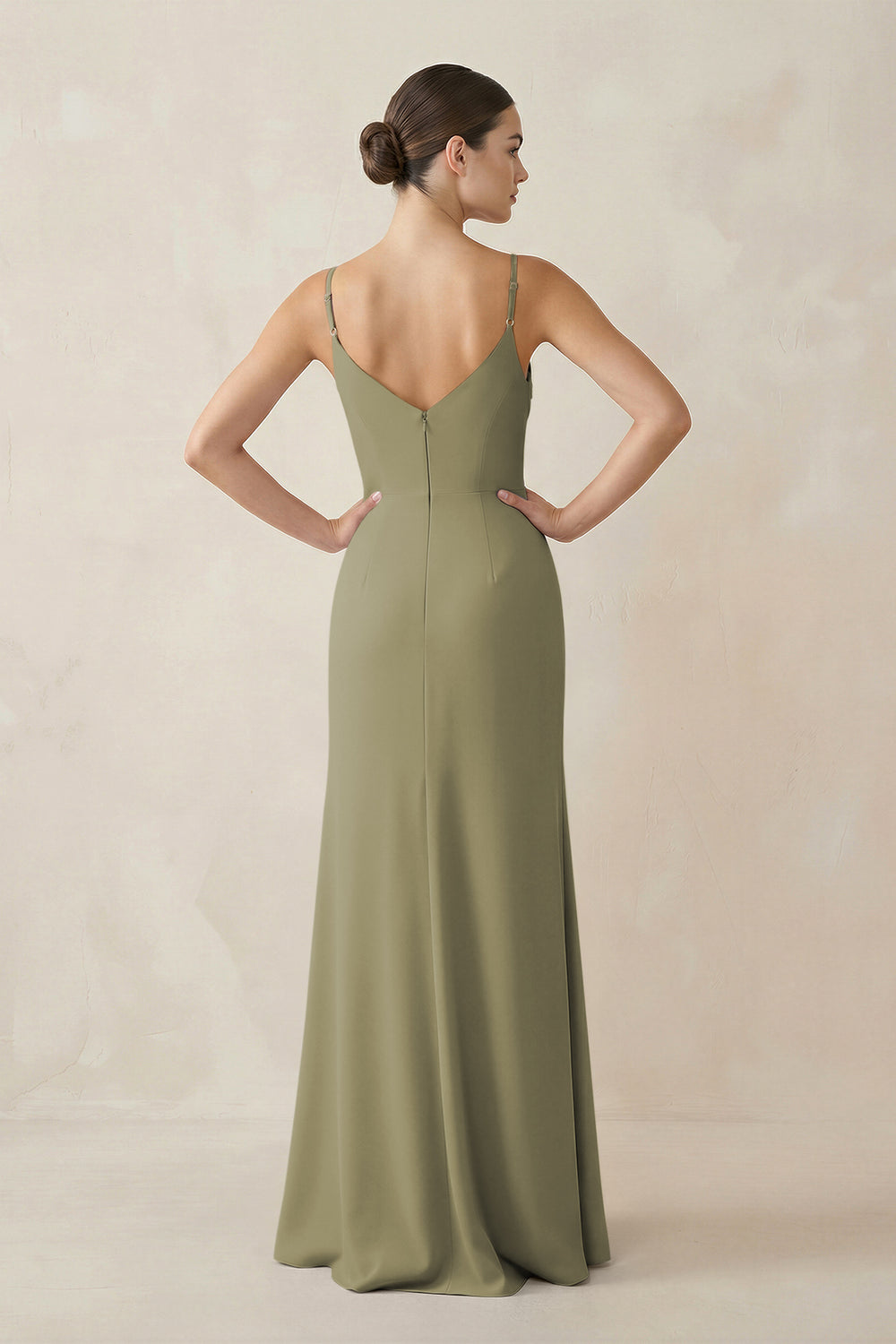 Ruched Sheath Spaghetti Strap Chiffon Bridesmaid Dress in Thyme