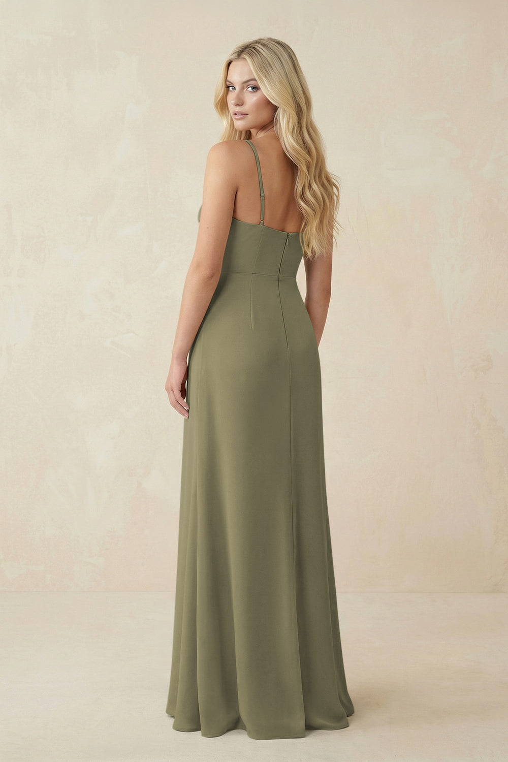Ruched Sheath Spaghetti Strap Chiffon Bridesmaid Dress in Thyme