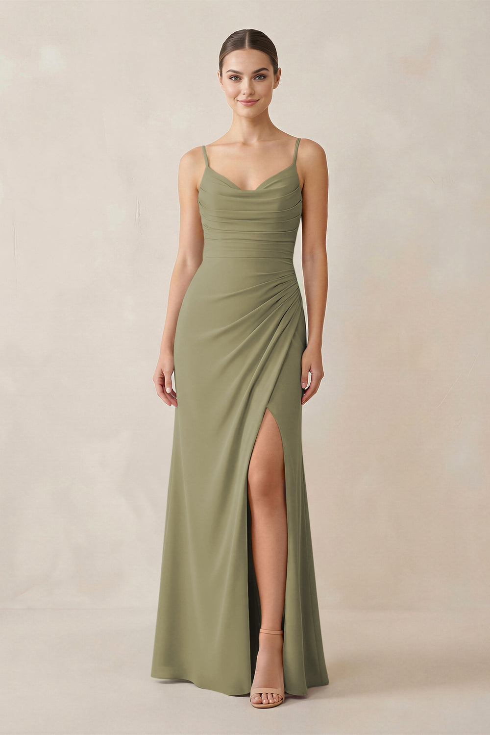 Ruched Sheath Spaghetti Strap Chiffon Bridesmaid Dress in Thyme