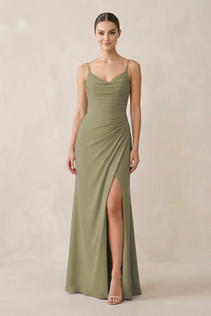 Thyme Ruched Sheath Spaghetti Strap Chiffon Bridesmaid Dress | KISSBRIDAL