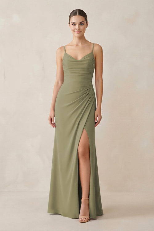 Thyme Ruched Sheath Spaghetti Strap Chiffon Bridesmaid Dress | KISSBRIDAL