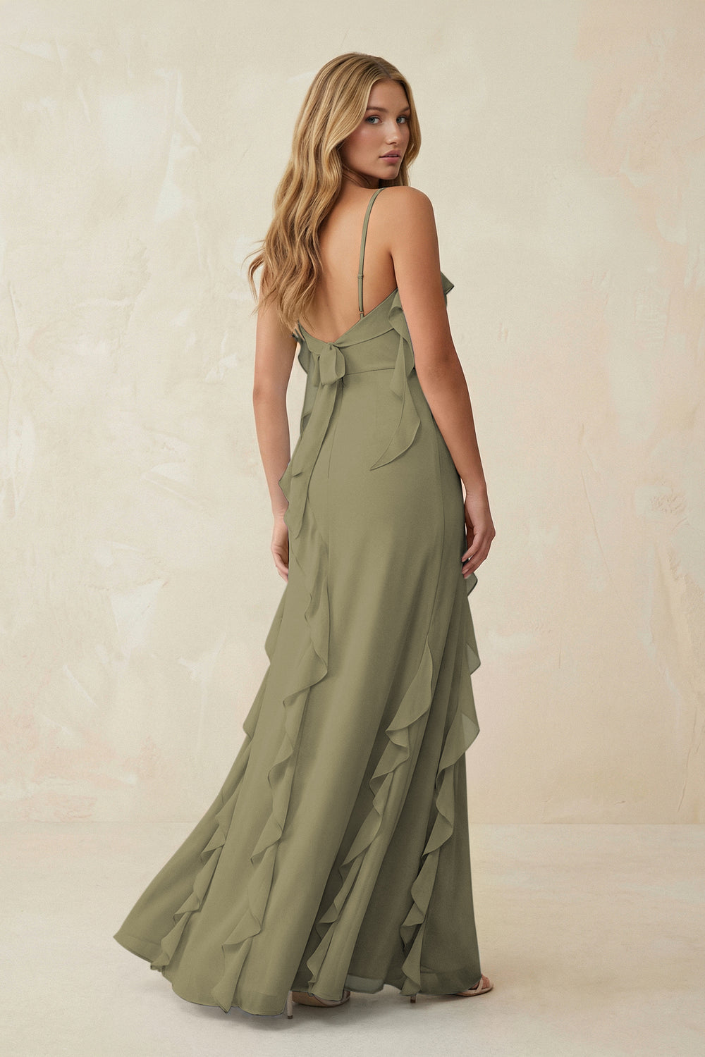 Ruffled Cami Strap Chiffon Sheath Bridesmaid Dress in Thyme