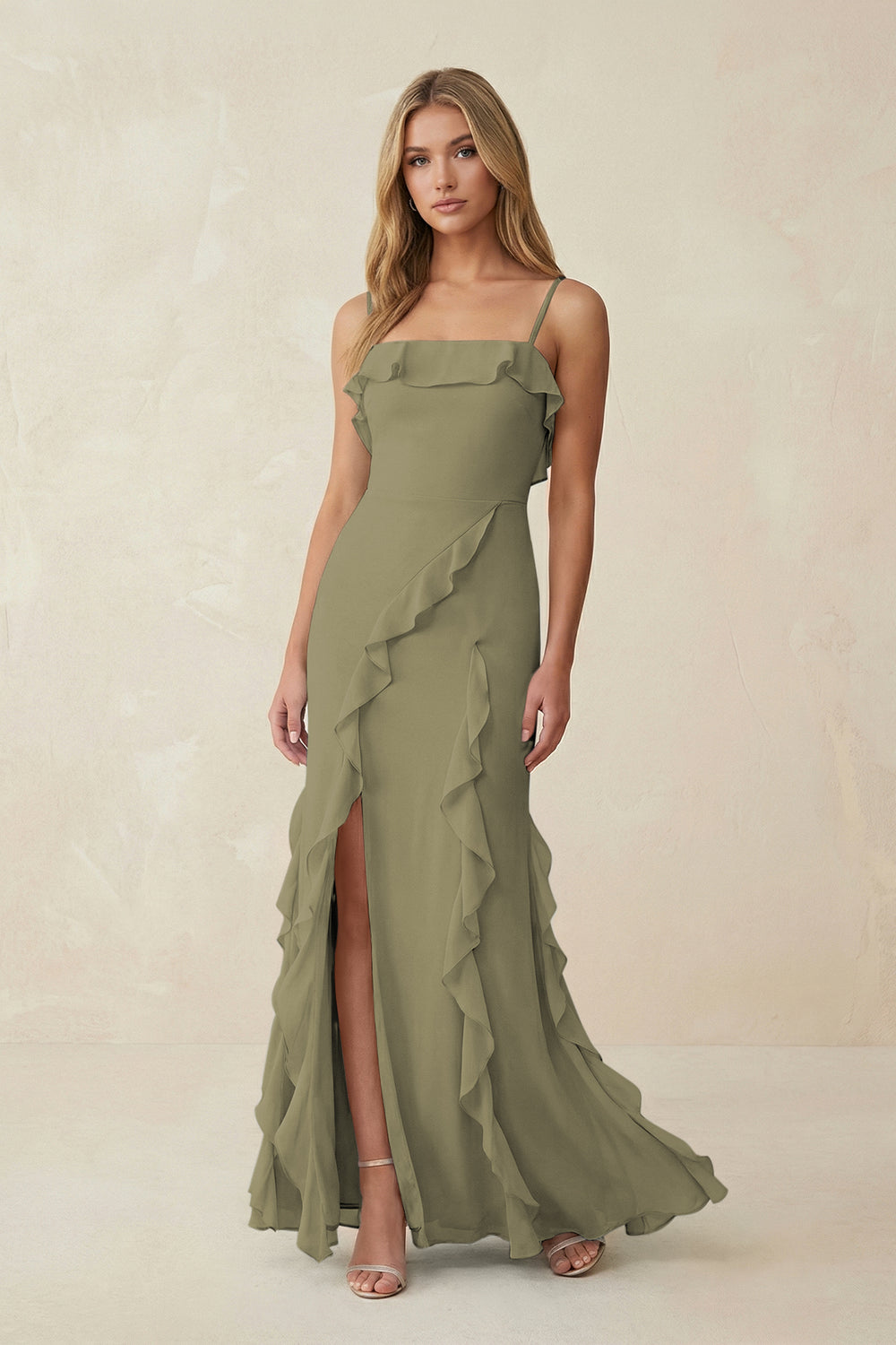 Ruffled Cami Strap Chiffon Sheath Bridesmaid Dress in Thyme