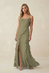 Thyme Ruffled Cami Strap Chiffon Sheath Bridesmaid Dress | KISSBRIDAL