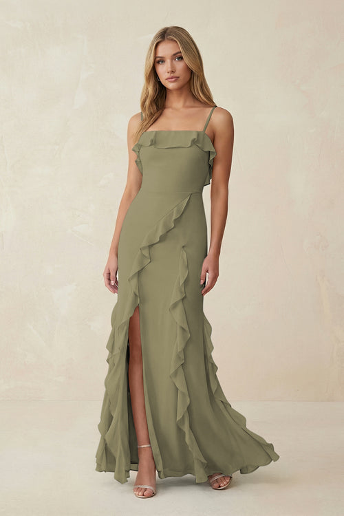 Thyme Ruffled Cami Strap Chiffon Sheath Bridesmaid Dress | KISSBRIDAL