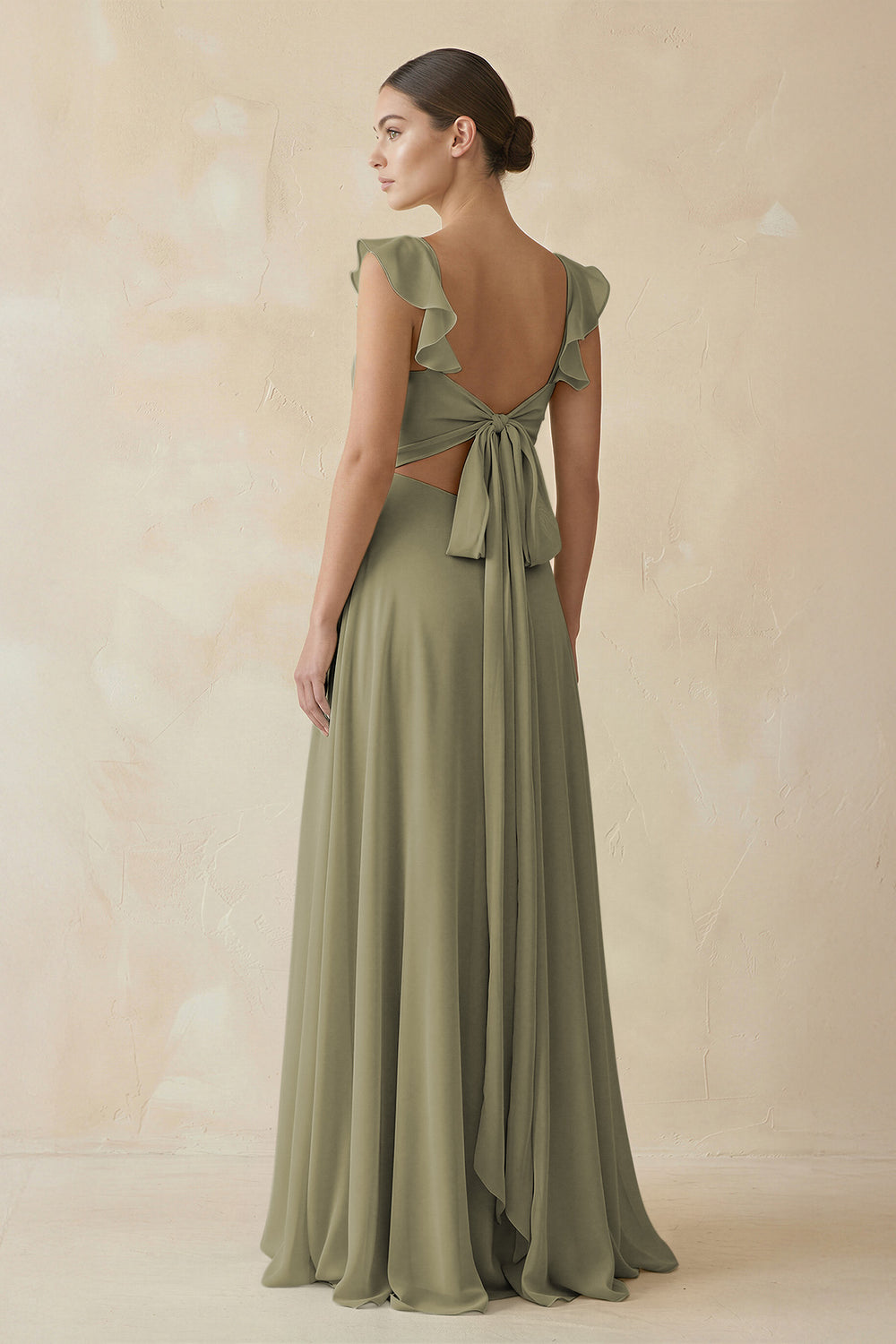 Ruffled Chiffon A-Line Long Bridesmaid Dress in Thyme