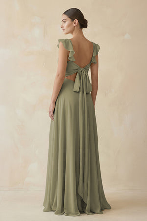 Thyme Ruffled Chiffon A-Line Long Bridesmaid Dress (2) | KISSBRIDAL