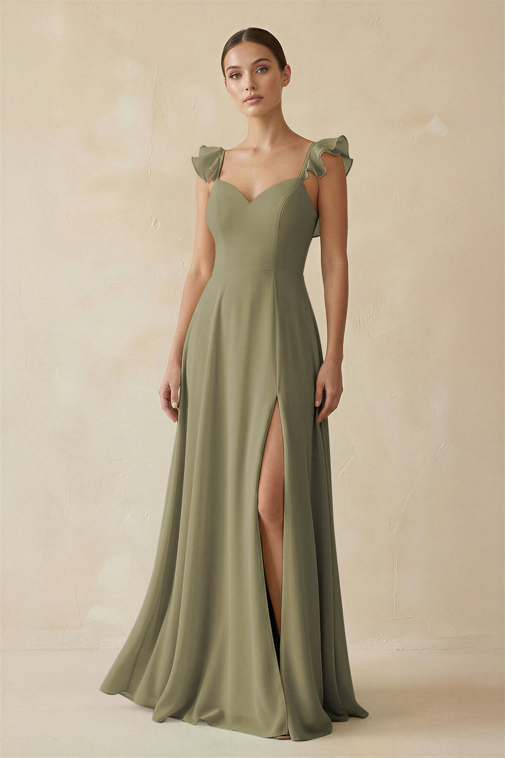 Ruffled Chiffon A-Line Long Bridesmaid Dress in Thyme
