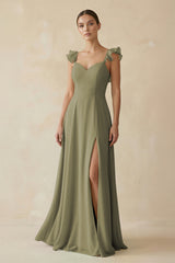 Thyme Ruffled Chiffon A-Line Long Bridesmaid Dress | KISSBRIDAL