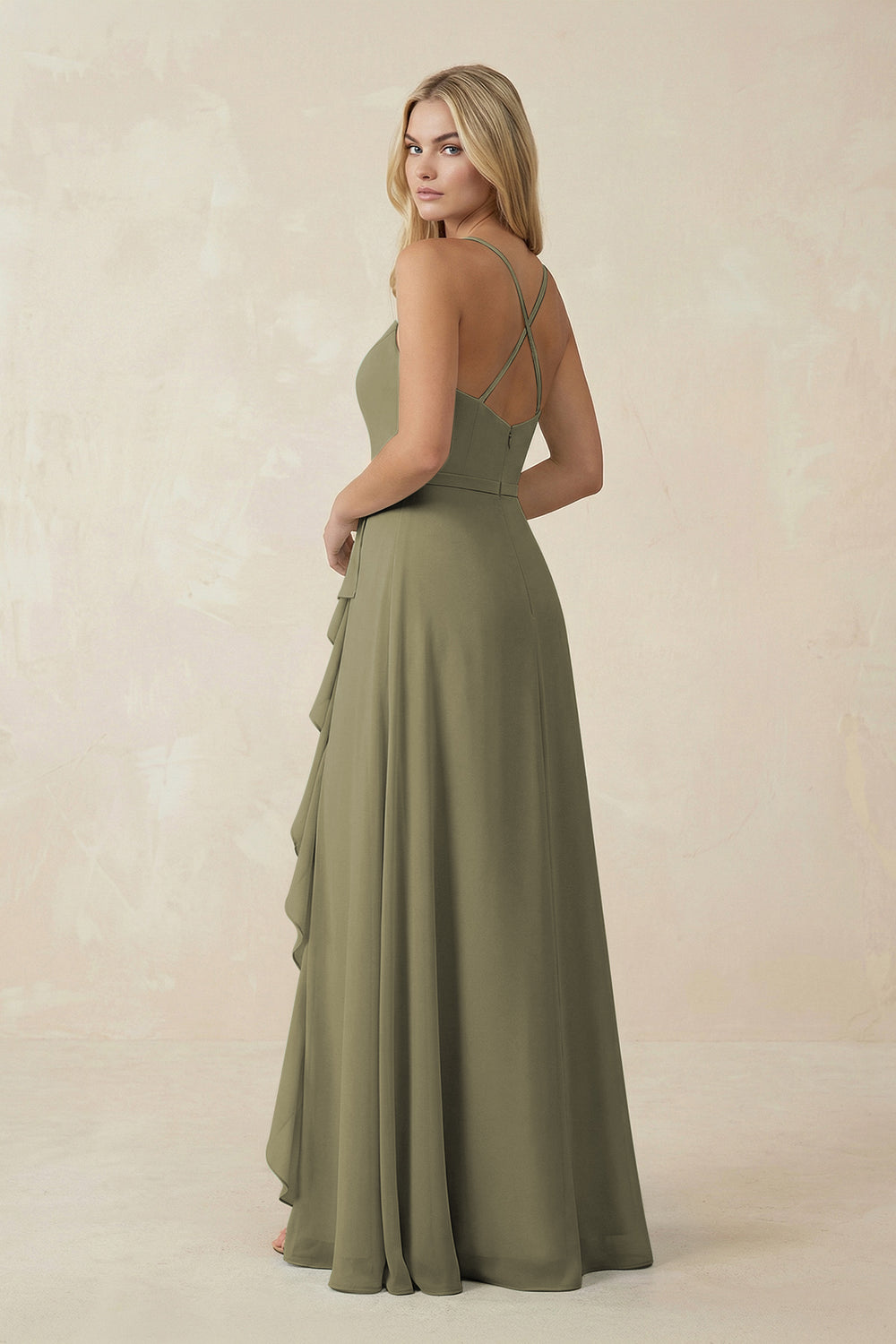 Ruffled Hem A-Line Chiffon Bridesmaid Dress in Thyme