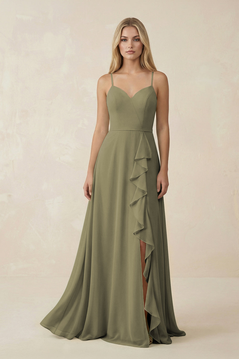 Ruffled Hem A-Line Chiffon Bridesmaid Dress in Thyme