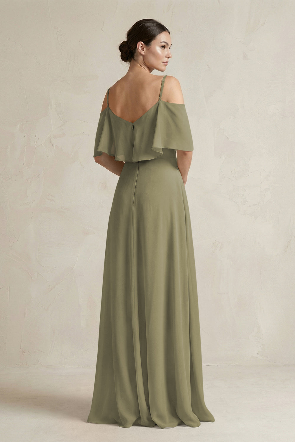 Ruffled Off-the-Shoulder A-Line Chiffon Bridesmaid Gown in Thyme