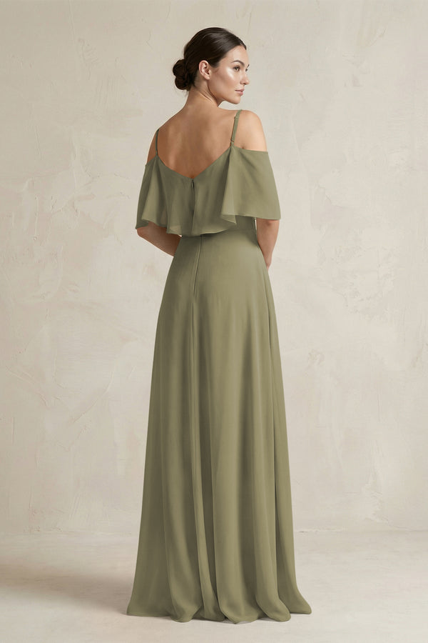 Thyme Ruffled Off-the-Shoulder A-Line Chiffon Bridesmaid Gown (2) | KISSBRIDAL