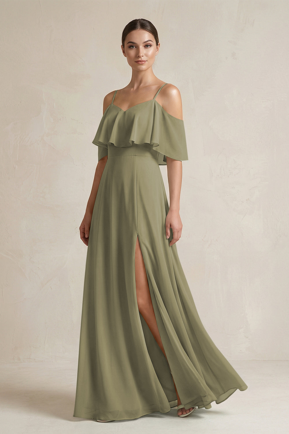 Ruffled Off-the-Shoulder A-Line Chiffon Bridesmaid Gown in Thyme