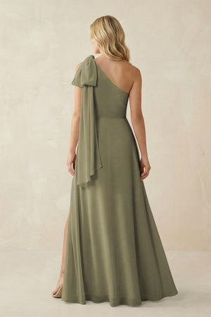 Thyme Ruffled One Shoulder Chiffon Bridesmaid Dress With Slit in Thyme (2) | KISSBRIDAL
