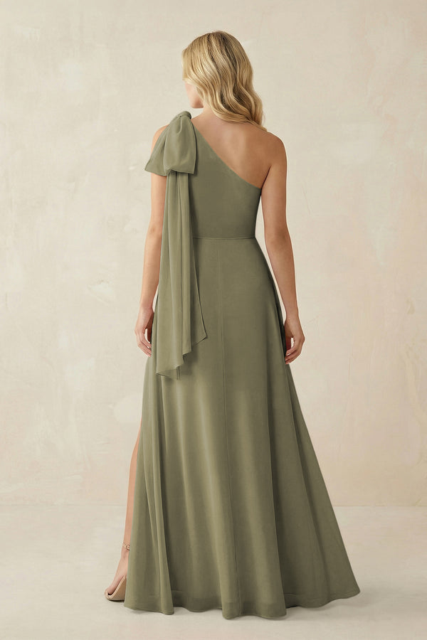 Thyme Ruffled One Shoulder Chiffon Bridesmaid Dress With Slit in Thyme (2) | KISSBRIDAL