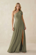 Thyme Ruffled One Shoulder Chiffon Bridesmaid Dress With Slit in Thyme | KISSBRIDAL