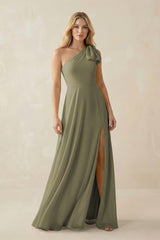 Thyme Ruffled One Shoulder Chiffon Bridesmaid Dress With Slit in Thyme | KISSBRIDAL
