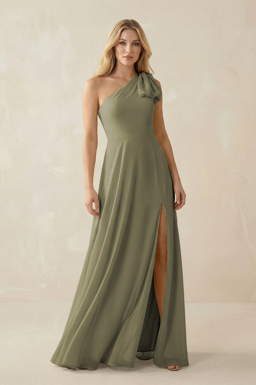Thyme Ruffled One Shoulder Chiffon Bridesmaid Dress With Slit in Thyme | KISSBRIDAL