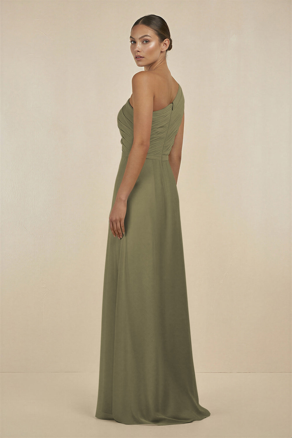 Ruffled One-Shoulder Pleated Sheath Bridesmaid Dress in Thyme
