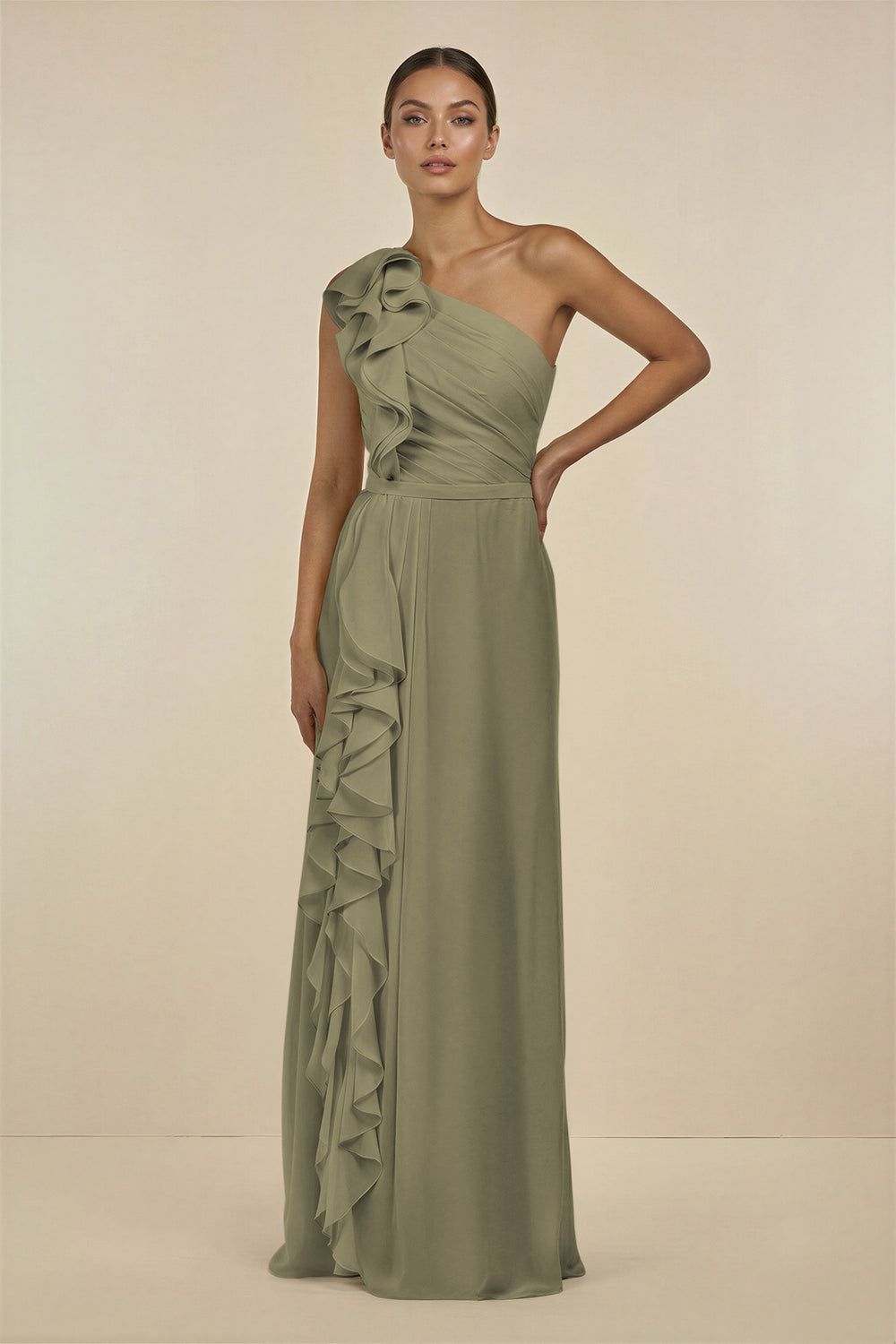 Ruffled One-Shoulder Pleated Sheath Bridesmaid Dress in Thyme