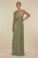 Thyme Ruffled One-Shoulder Pleated Sheath Bridesmaid Dress | KISSBRIDAL