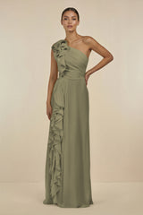 Thyme Ruffled One-Shoulder Pleated Sheath Bridesmaid Dress | KISSBRIDAL