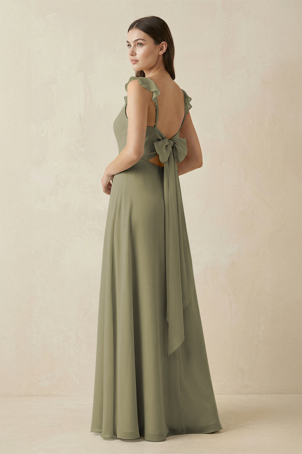 Ruffled Sleeve A-Line Chiffon Bridesmaid Dress in Thyme
