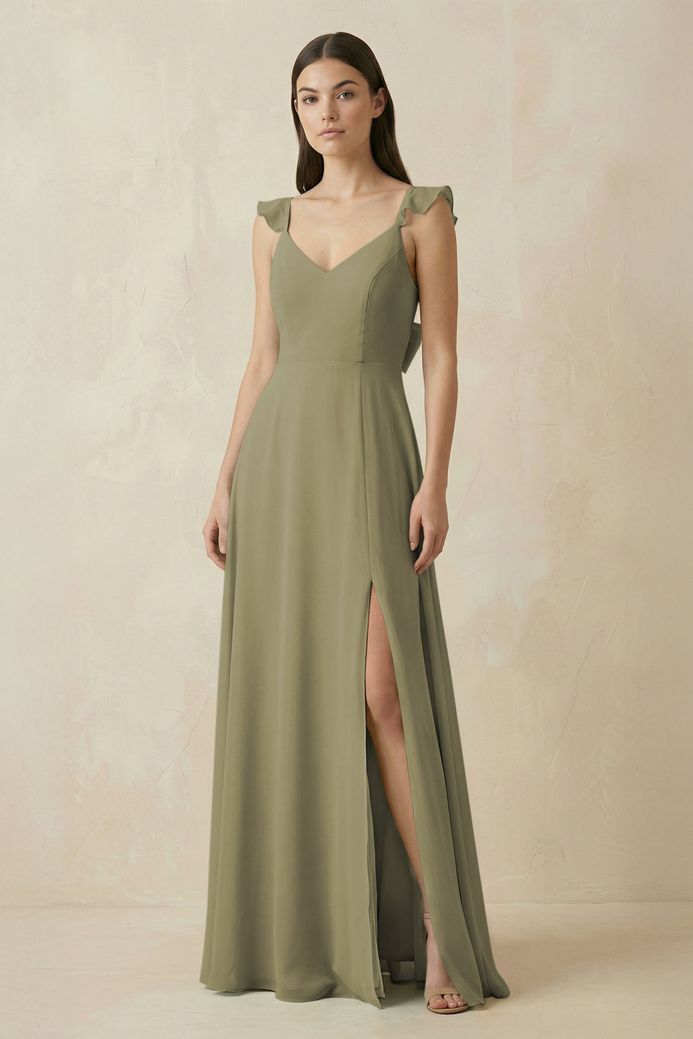 Ruffled Sleeve A-Line Chiffon Bridesmaid Dress in Thyme