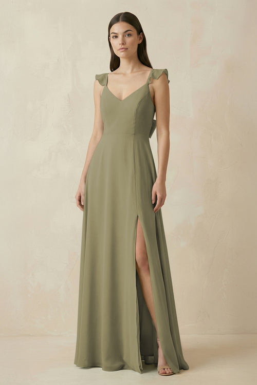 Thyme Ruffled Sleeve A-Line Chiffon Bridesmaid Dress | KISSBRIDAL